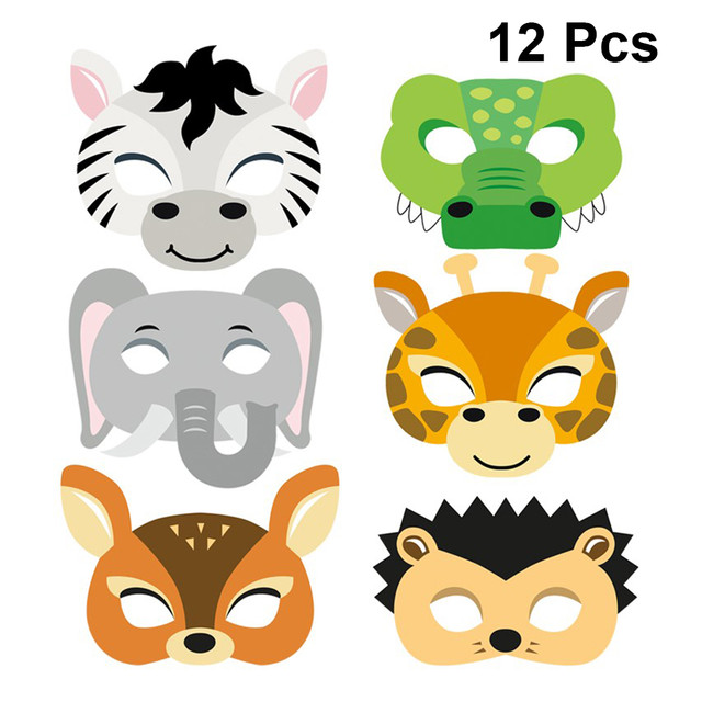 12pcs Mask Birthday Party Supplies Paper Animal Masks Cartoon Kids Party  Dress Up Costume Zoo Jungle